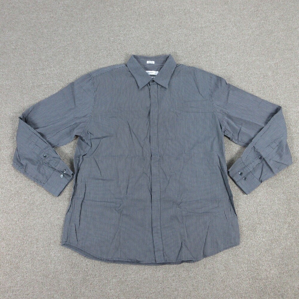 Calvin Klein Shirt Mens Extra Large Black Gray Striped Long Sleeve Button Up